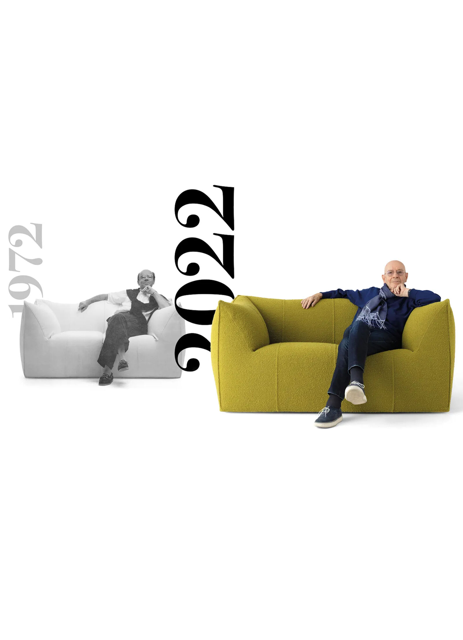 Le Bambole 2022 in a new version. Mario Bellini is sitting on Bi-bambola Sofa
