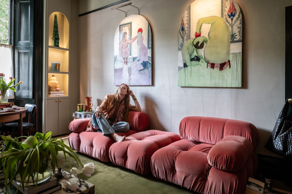 Harris Reed’s London apartment featuring B&B Italia Camaleonda sofa in strawberry velvet – bold modern design statement