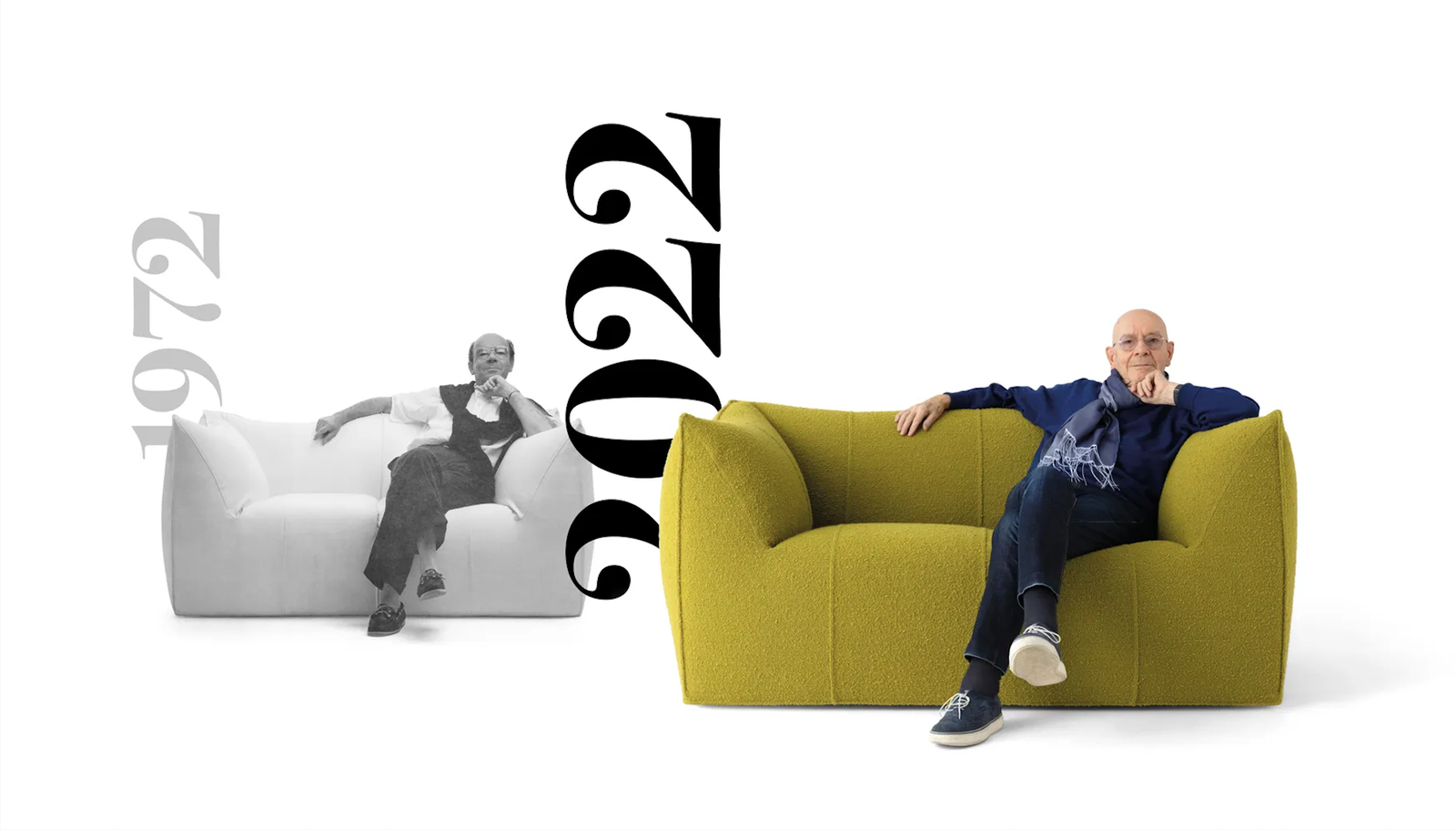 Le Bambole 2022 in a new version. Mario Bellini is sitting on Bi-bambola Sofa