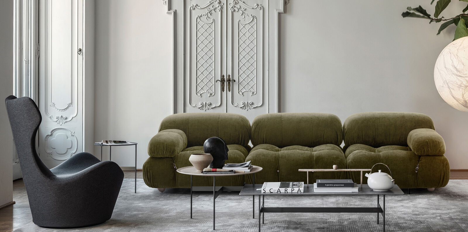 B&B Italia living room with Camaleonda green Sofa, Harbor Armchair and Le Formiche Small tables