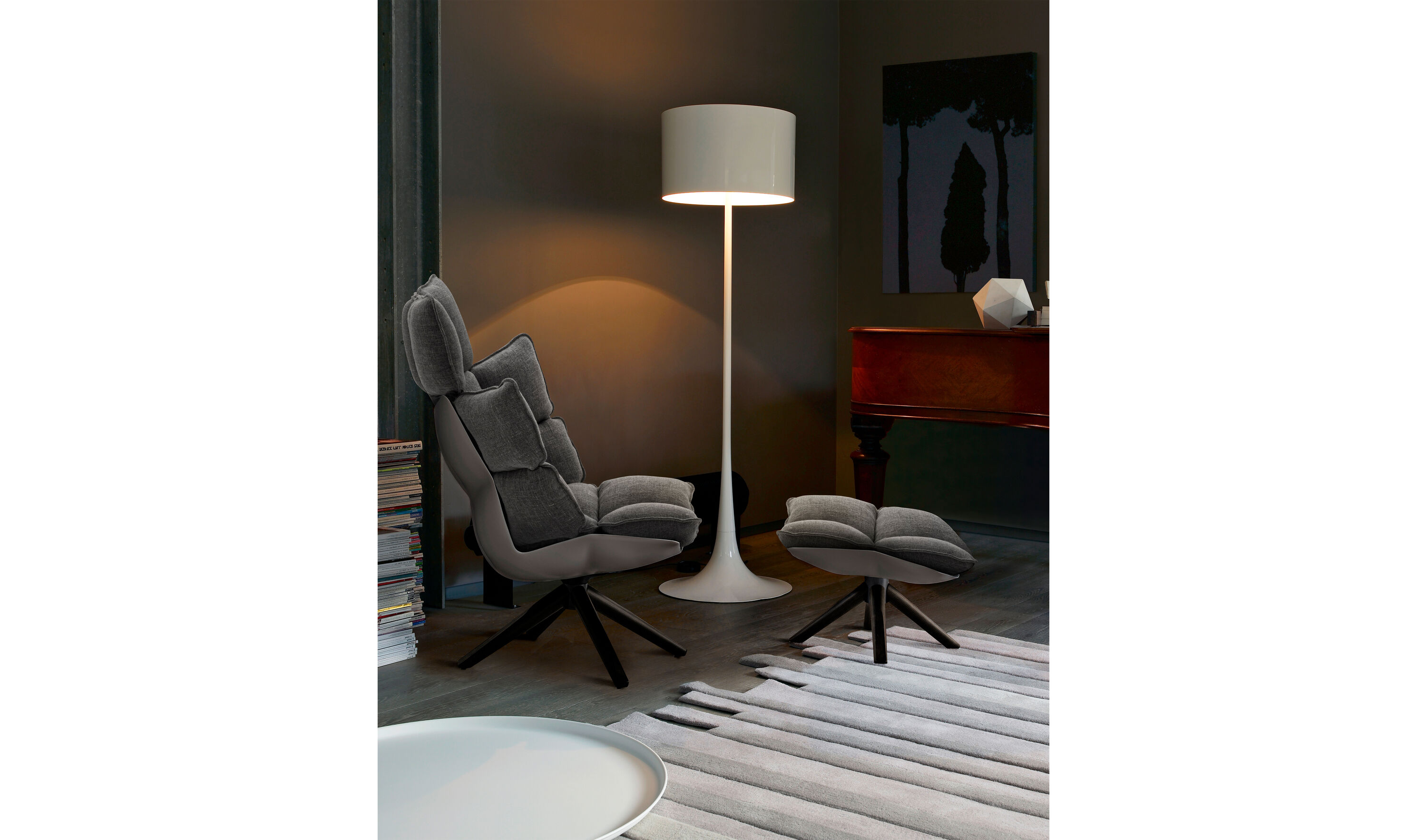 Husk High armchair and footrest - Light grey canvas | B&B Italia