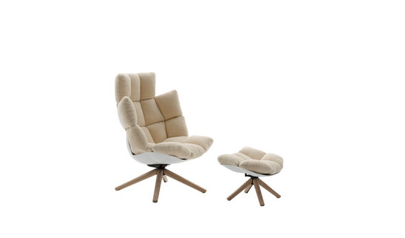 High armchair and footrest - Natural velvet